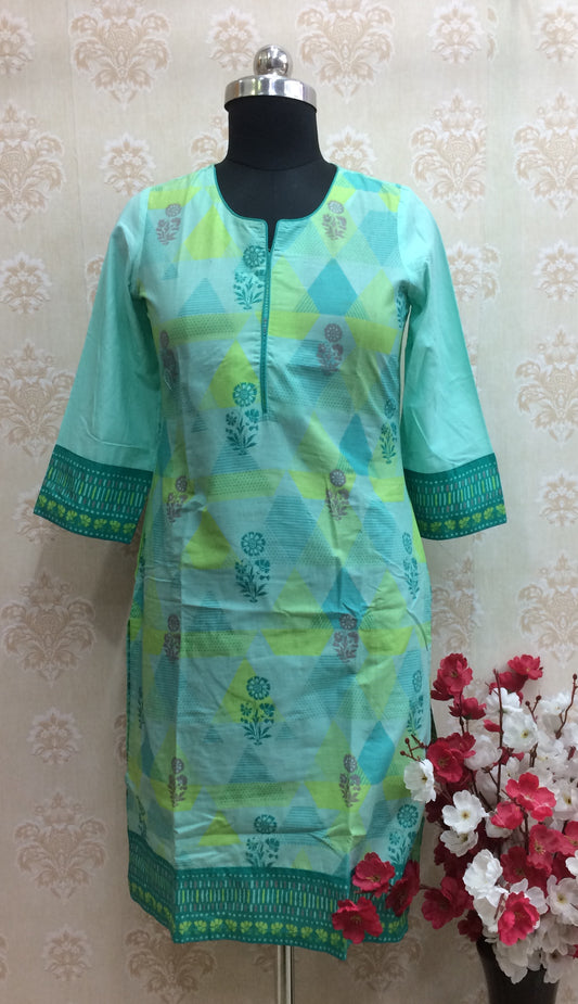 Mint Green & Lime Printed Cotton Kurti