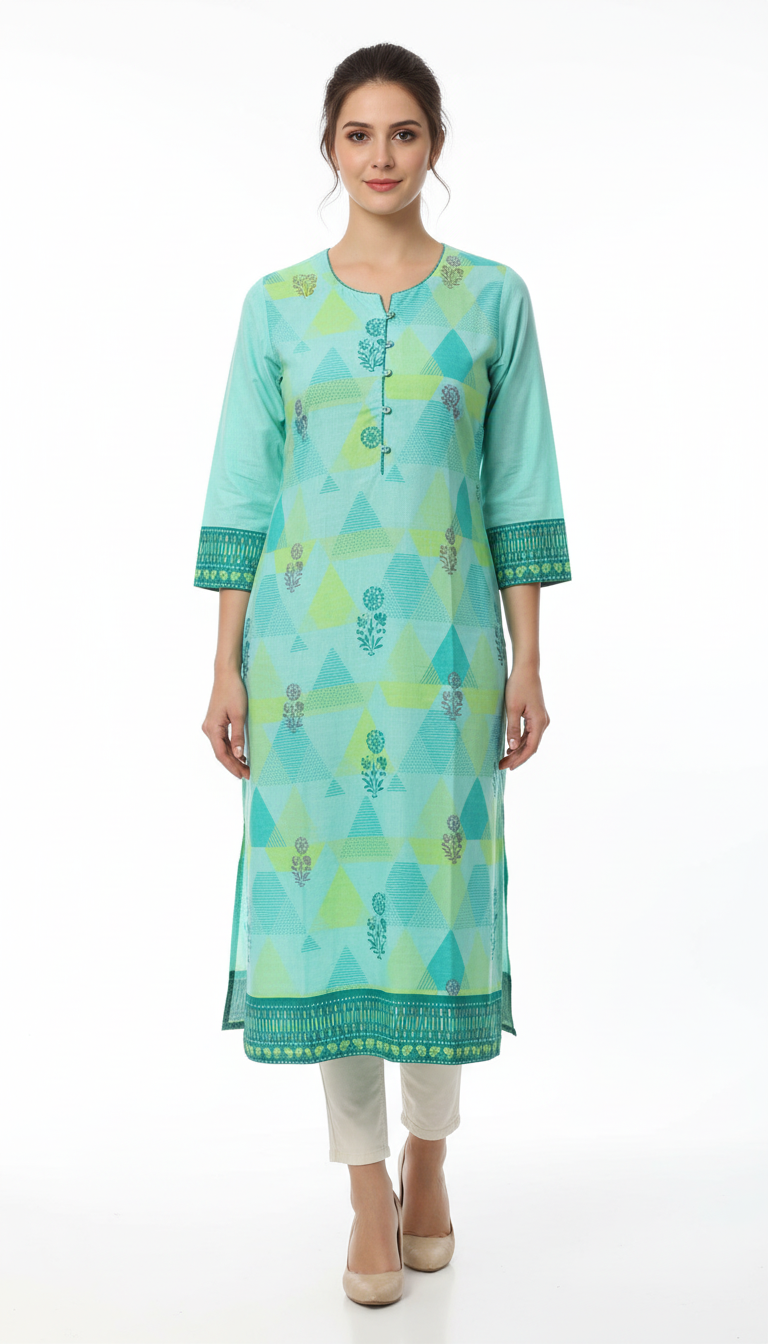 Mint Green & Lime Printed Cotton Kurti