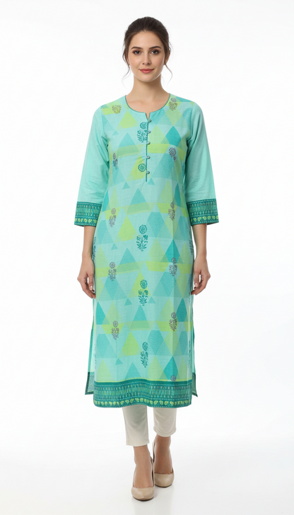 Mint Green & Lime Printed Cotton Kurti