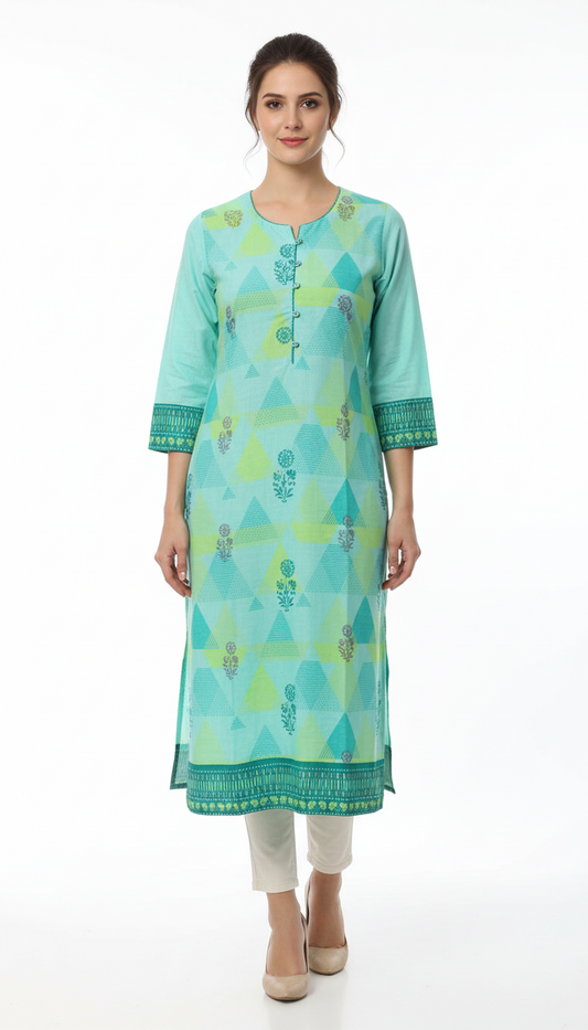 Mint Green & Lime Printed Cotton Kurti