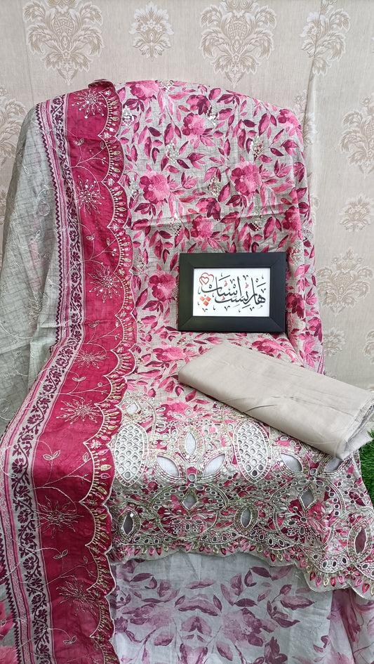 Bin Saeed unstitched grey and pink embroidered