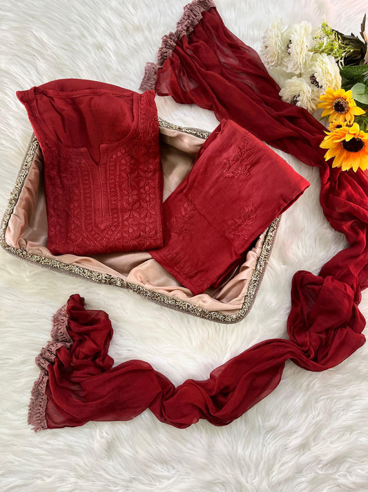Meerab Maroon Lucknowi Chikankari Kurta Set