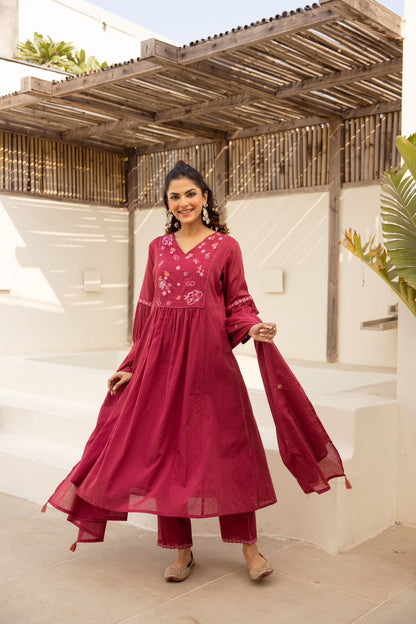 Deep wine embroidered anarkali set