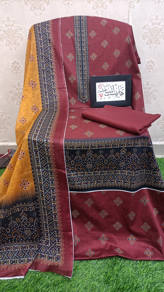 Bin Saeed Unstitched Luxury Printed Lawn – Deep Maroon & Mustard