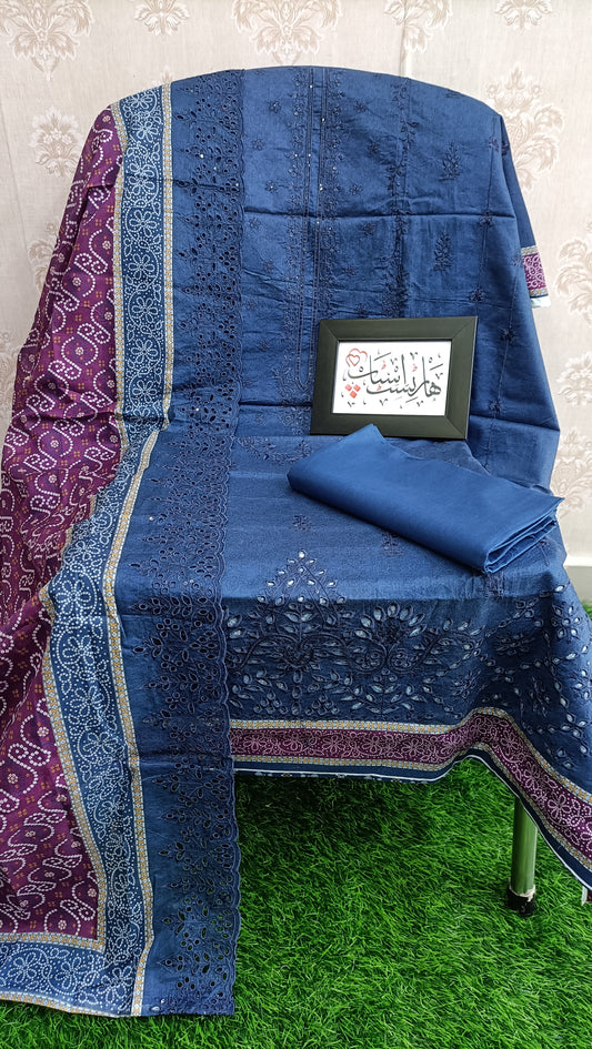 Bin Saeed unstitched embroidered bandhani print navy blue and magenta