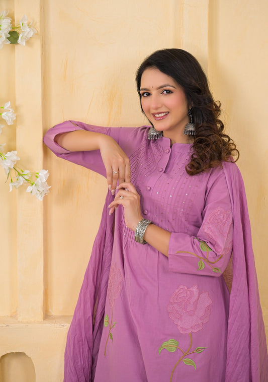 Fatema Pastel Mauve Cotton Kurta Set pleated yoke