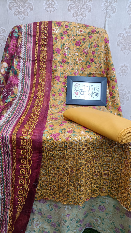 Bin Saeed unstitched yellow with multi print embroidered