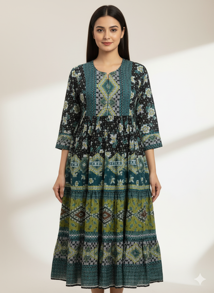 BIBA- layered kurti black base teal blue