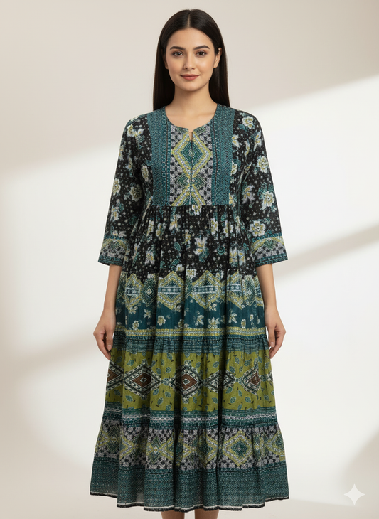BIBA- layered kurti black base teal blue