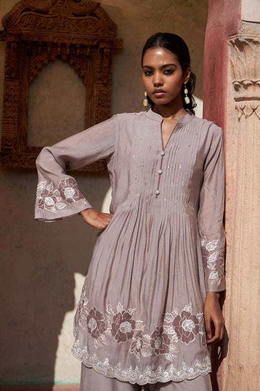 Dusty Mauve Embroidered Kurti & Wide-Leg Trouser Set