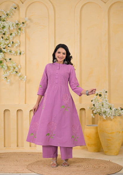 Fatema Pastel Mauve Cotton Kurta Set pleated yoke