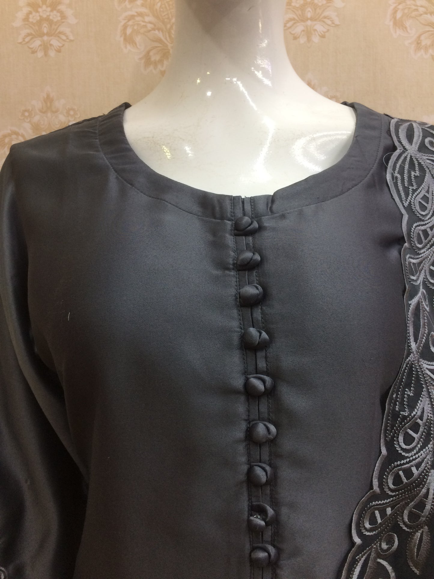 Grey and navy blue Cutwork Embroidered Silk Kurta Set with Organza Dupatta