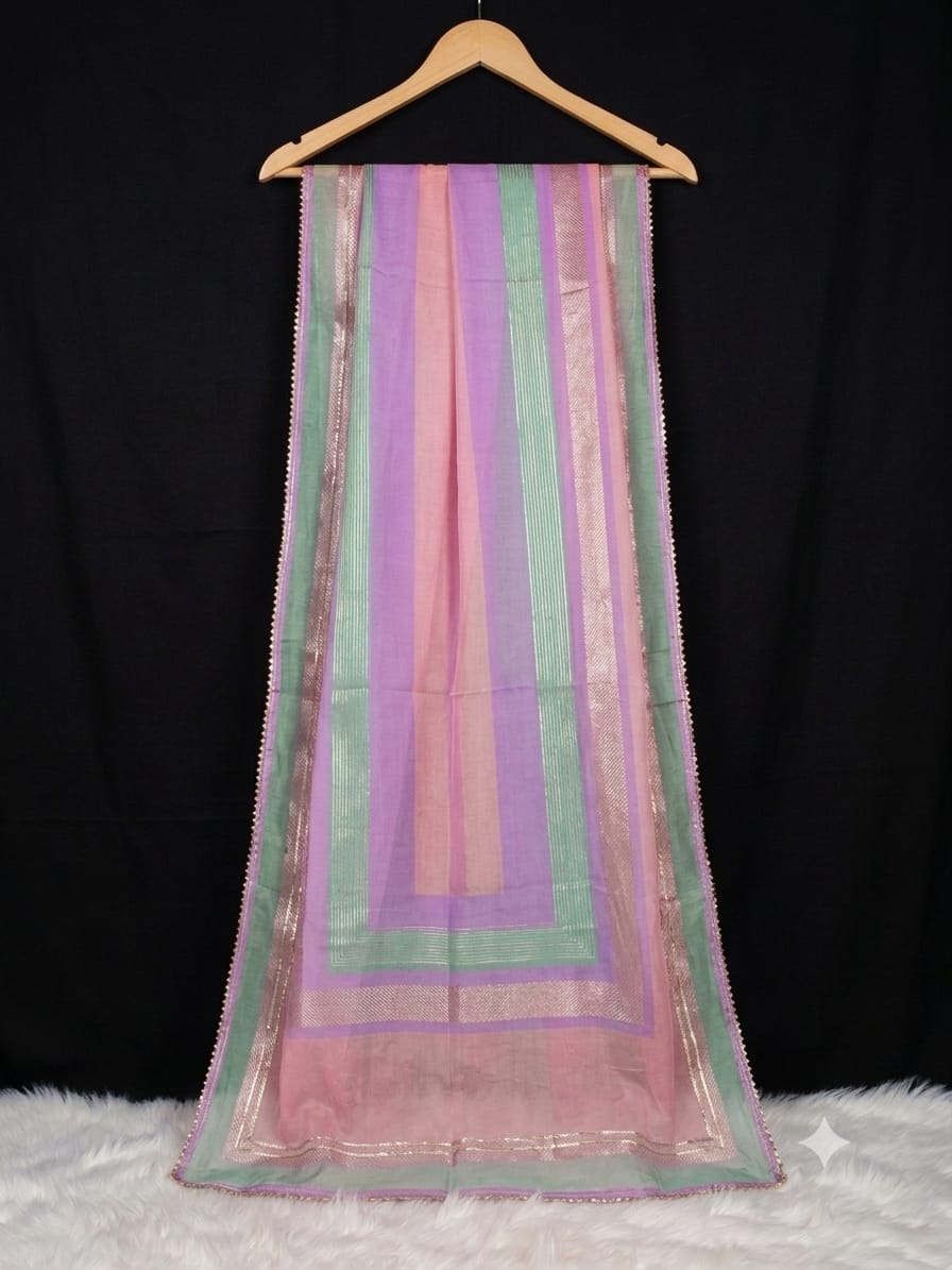 Peach and purple chiffon dupatta with silver lace
