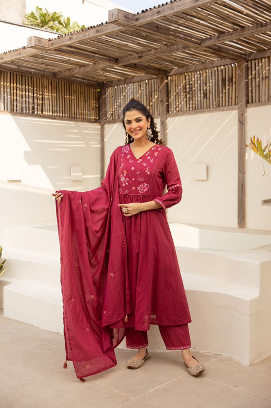 Deep wine embroidered anarkali set