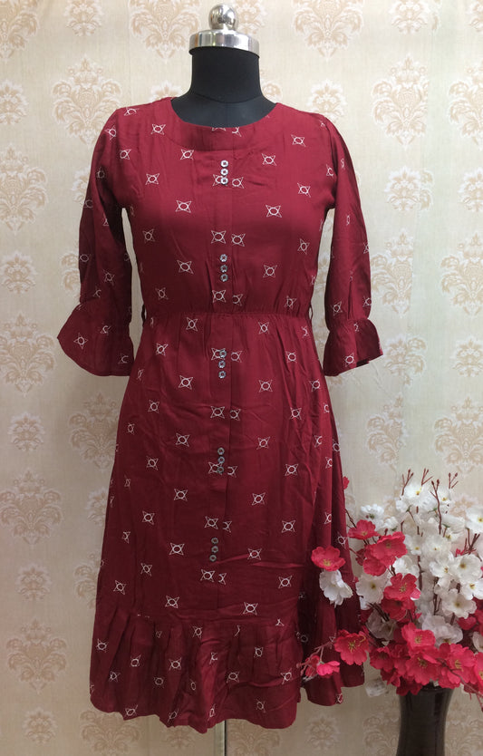 Maroon Geometric Print Rayon Fit & Flare Tunic