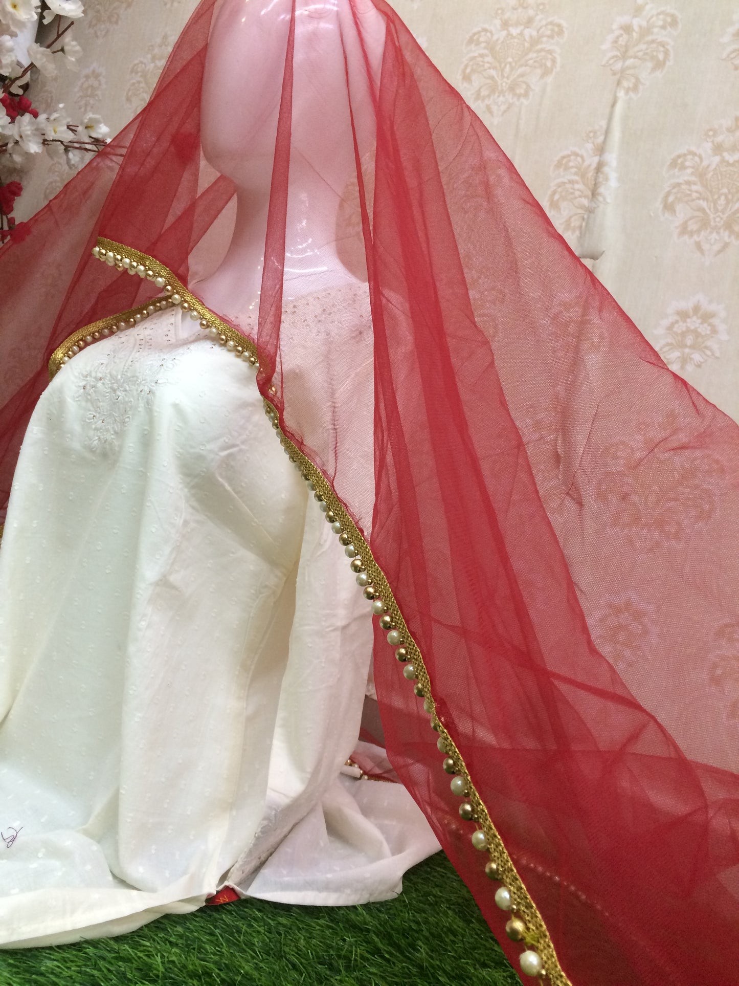 Bridal Maroon Dupatta with Moti Lace