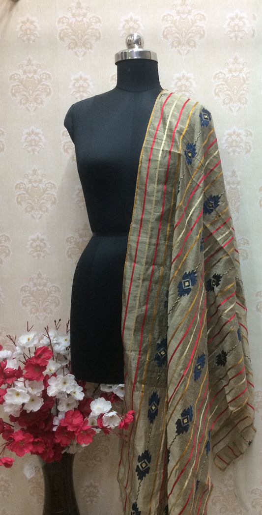 Chanderi Silk Blend Dupatta with Gota Stripes and Floral Motifs