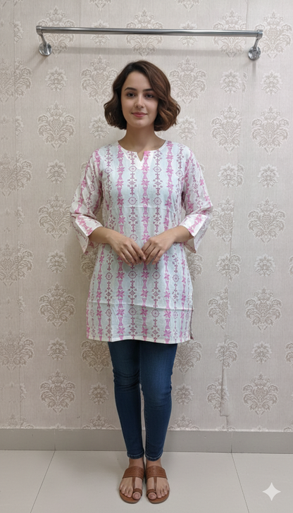 pink and white printed cotton kurti