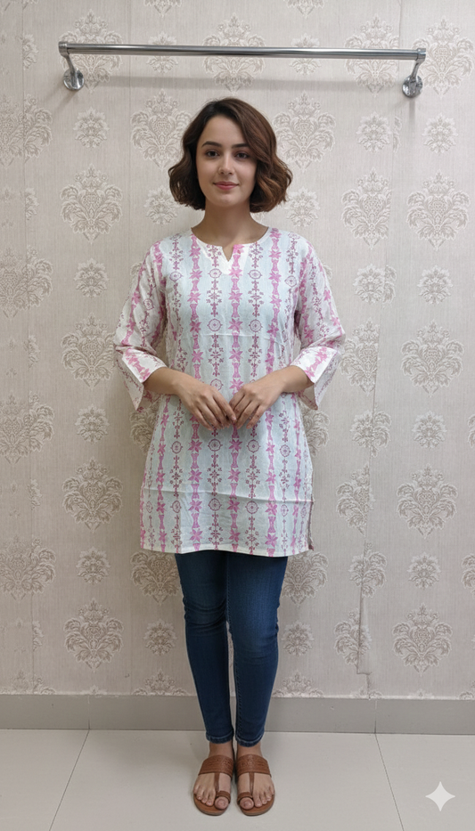 pink and white printed cotton kurti
