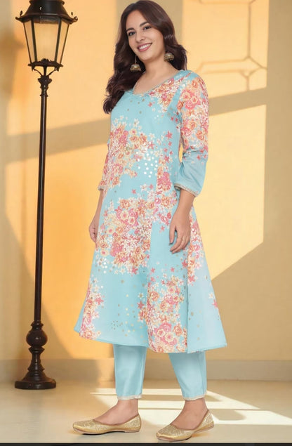 Sky Blue Floral Printed A-Line Kurta Set with Trousers