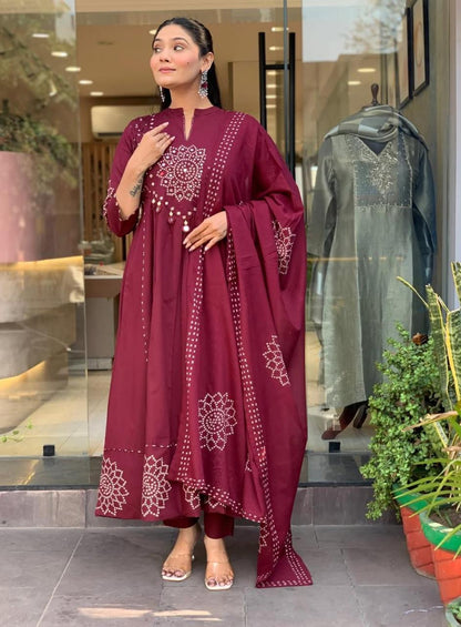 Deep Wine Bandhani Print Anarkali Set with Mirror Work
