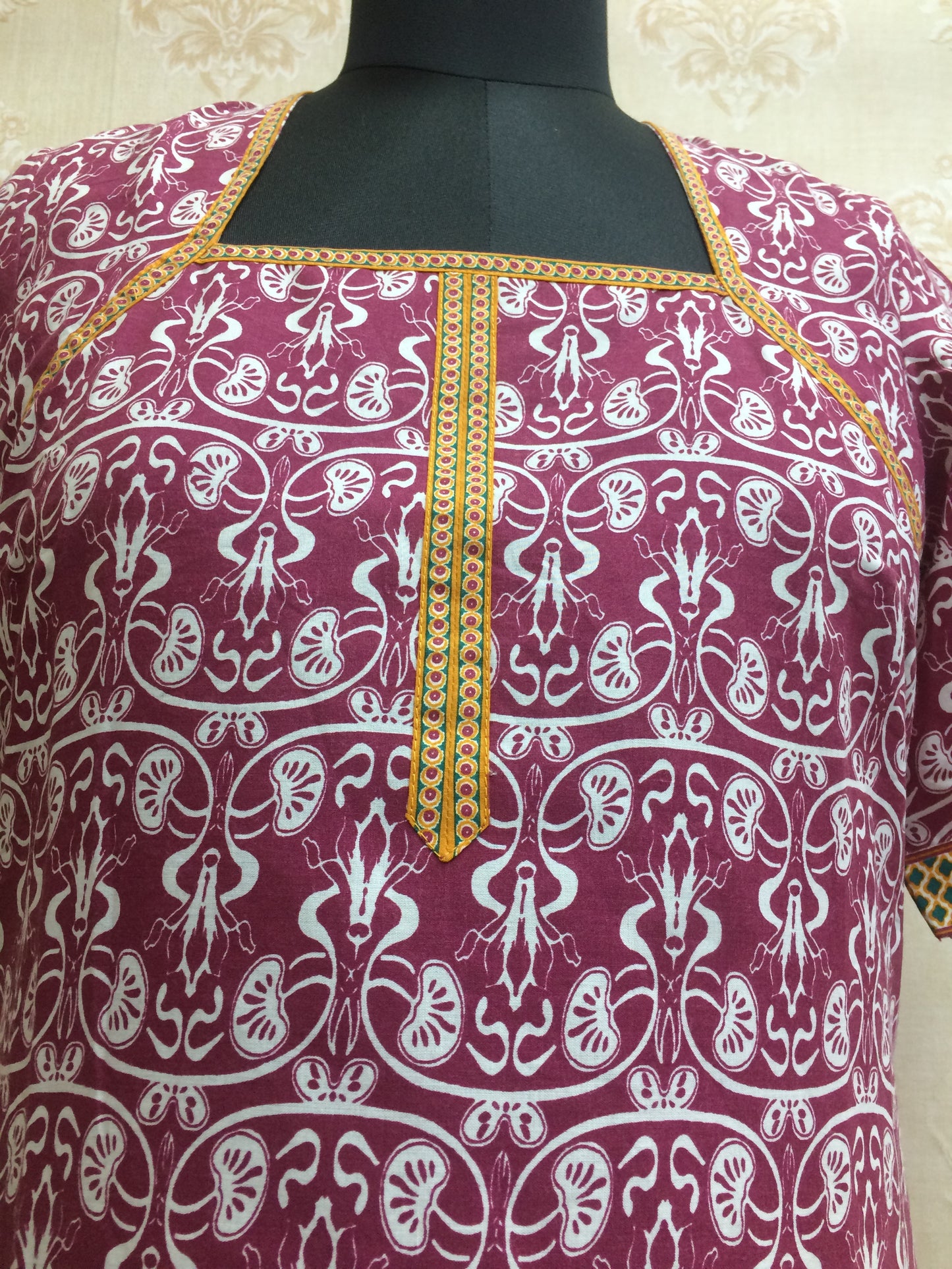 Maroon & White Printed Cotton Kurti with Border Detail