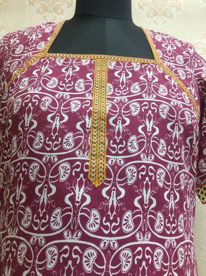 Maroon & White Printed Cotton Kurti with Border Detail
