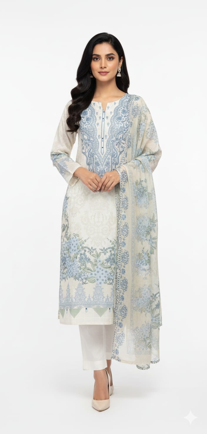 Elegant White & Ice Blue Printed Suit (3-Piece)