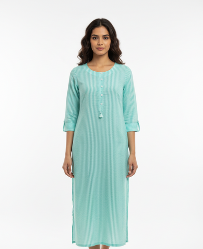 Mint Green Pinstripe Rayon Straight Kurti