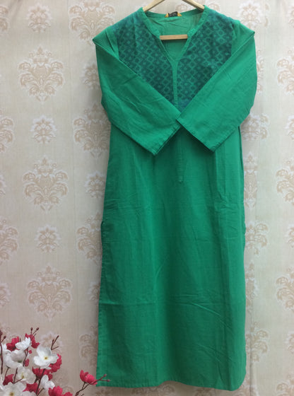 Emerald Green Cotton Kurti with Embroidered Yoke