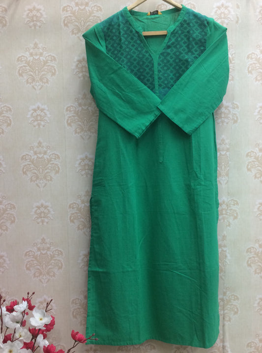 Emerald Green Cotton Kurti with Embroidered Yoke