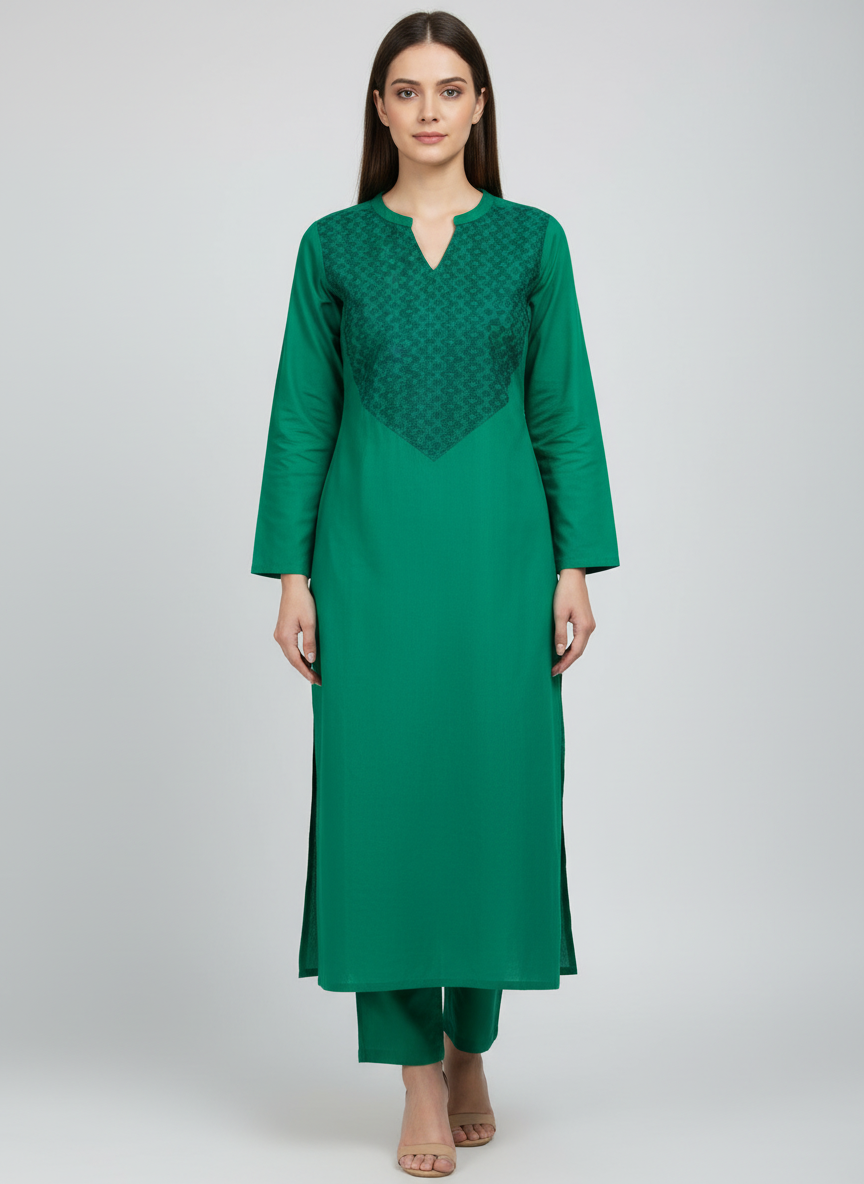 Emerald Green Cotton Kurti with Embroidered Yoke