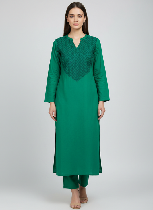 Emerald Green Cotton Kurti with Embroidered Yoke