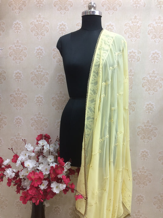 Soft Yellow Embroidered Chiffon Dupatta with Lace Border