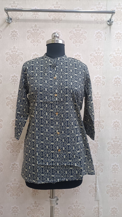 Navy Blue & Cream Geometric Short Kurti