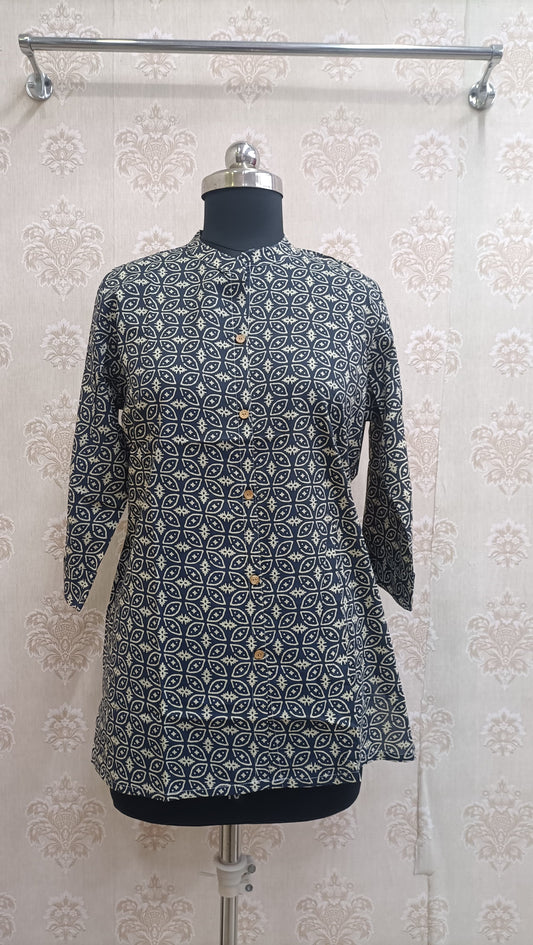 Navy Blue & Cream Geometric Short Kurti