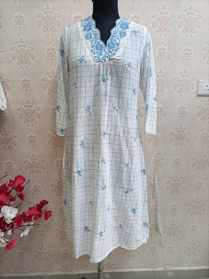 White & Blue Embroidered V-Neck Kurti with Check Pattern