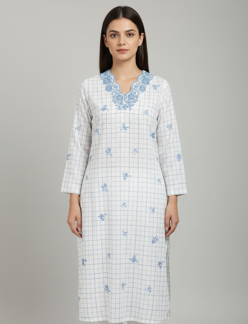 White & Blue Embroidered V-Neck Kurti with Check Pattern