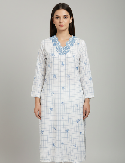 White & Blue Embroidered V-Neck Kurti with Check Pattern