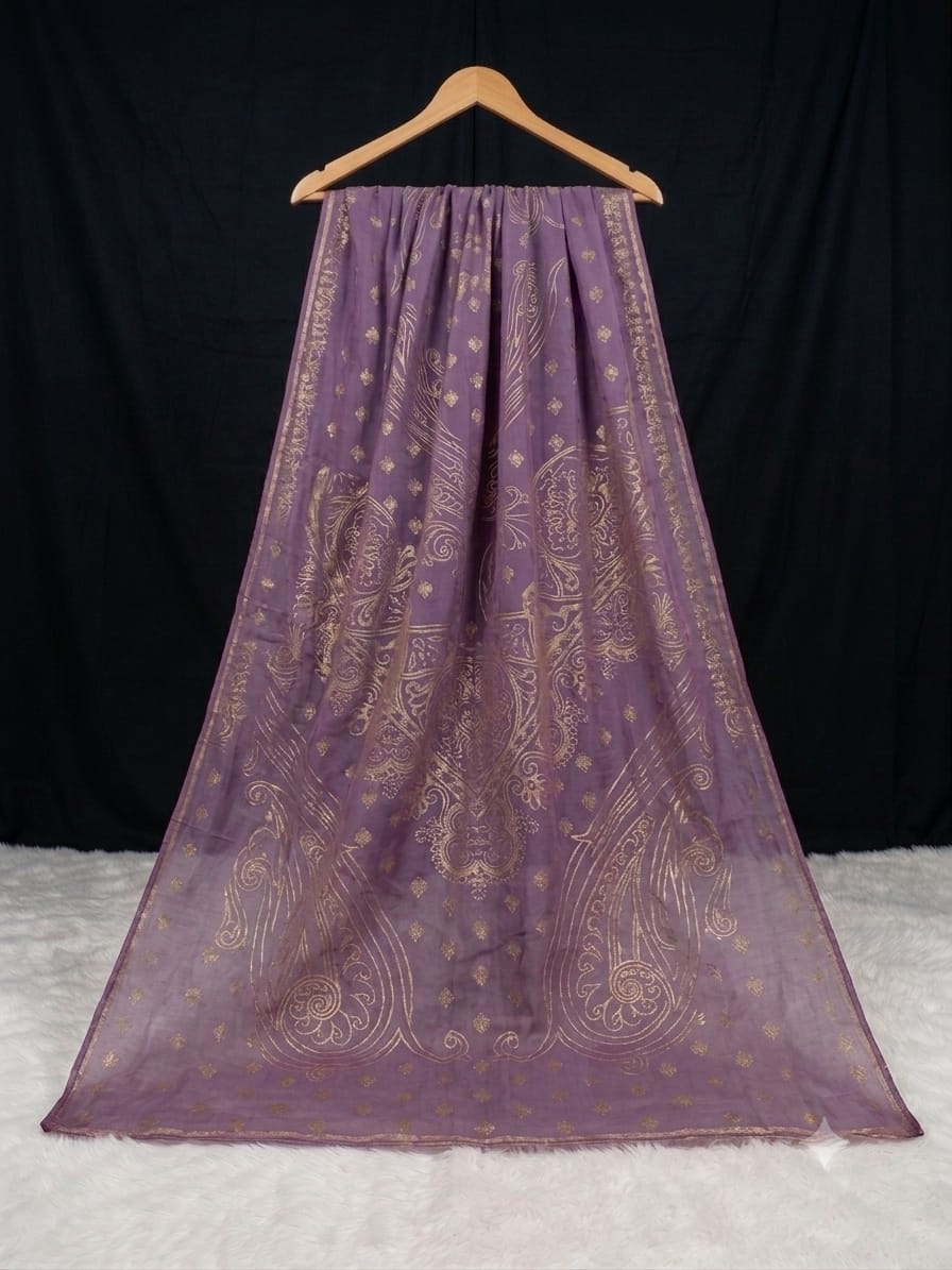 Royal Plum Chiffon Dupatta with Intricate Gold Foil Print
