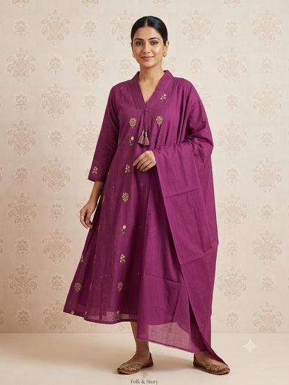 Aasiya Purple Embroidered A-Line Kurta Set