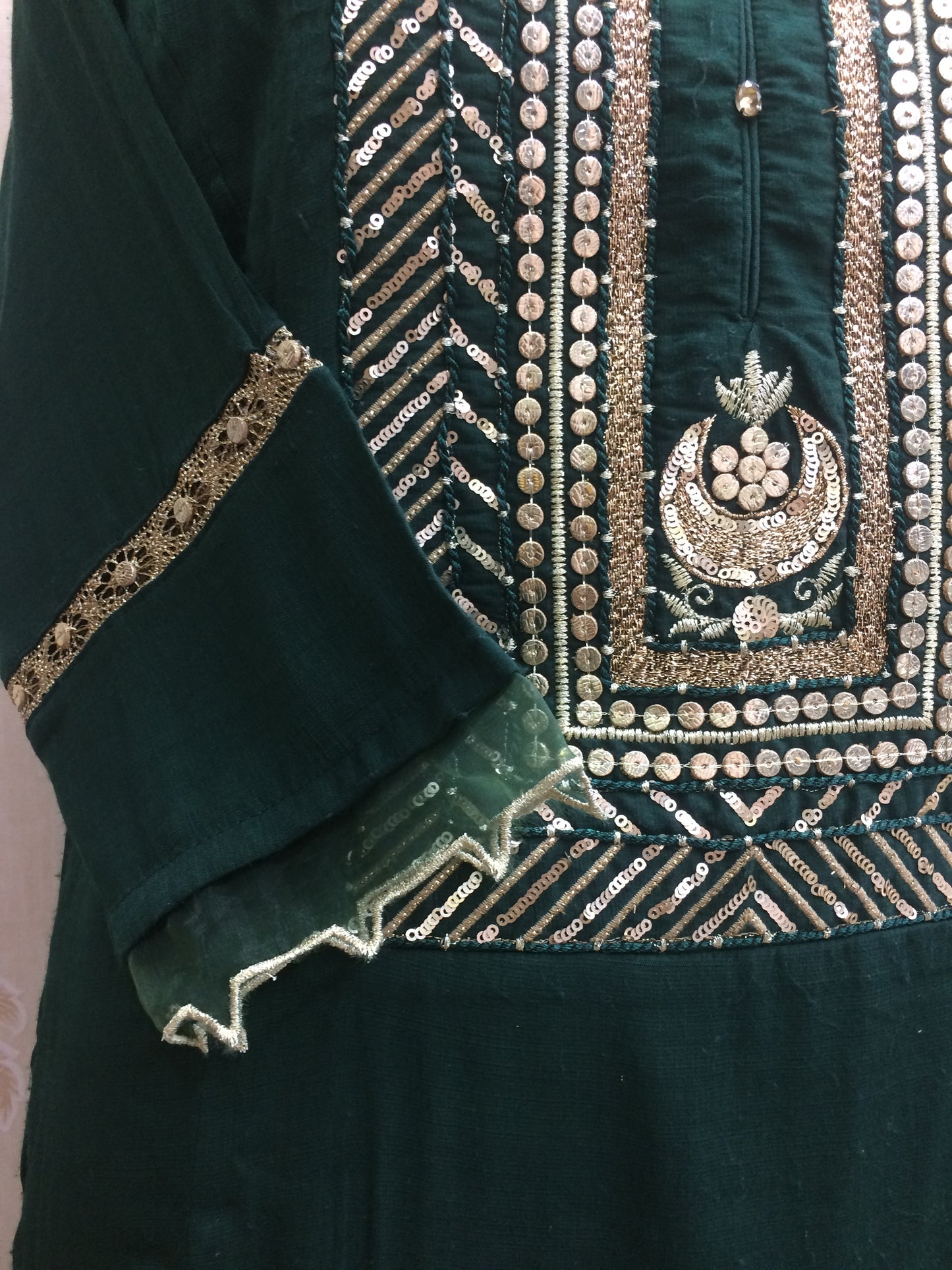 Regal Forest Green Rayon Kurti with Heavy Gold Zari & Sequin Work
