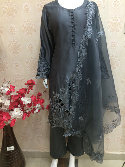 Grey and navy blue Cutwork Embroidered Silk Kurta Set with Organza Dupatta
