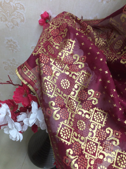 Maroon Gold Foil Print Dupatta with Border Design
