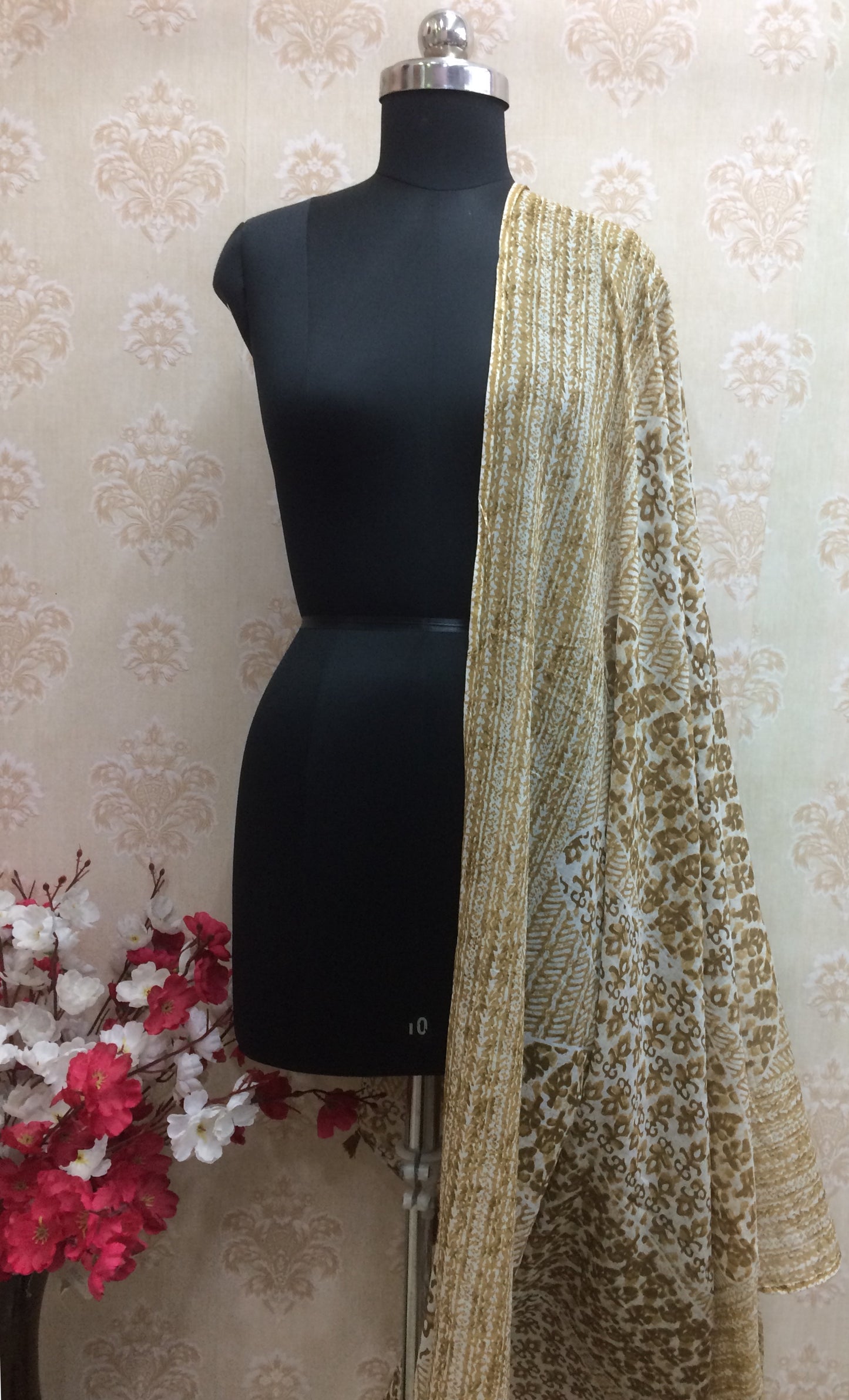 Beige & Mustard Block Print Cotton Dupatta