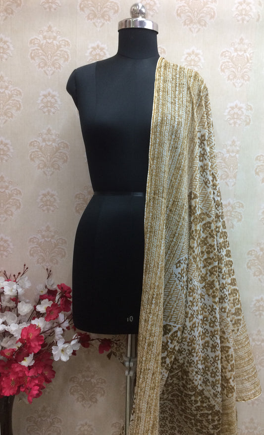 Beige & Mustard Block Print Cotton Dupatta