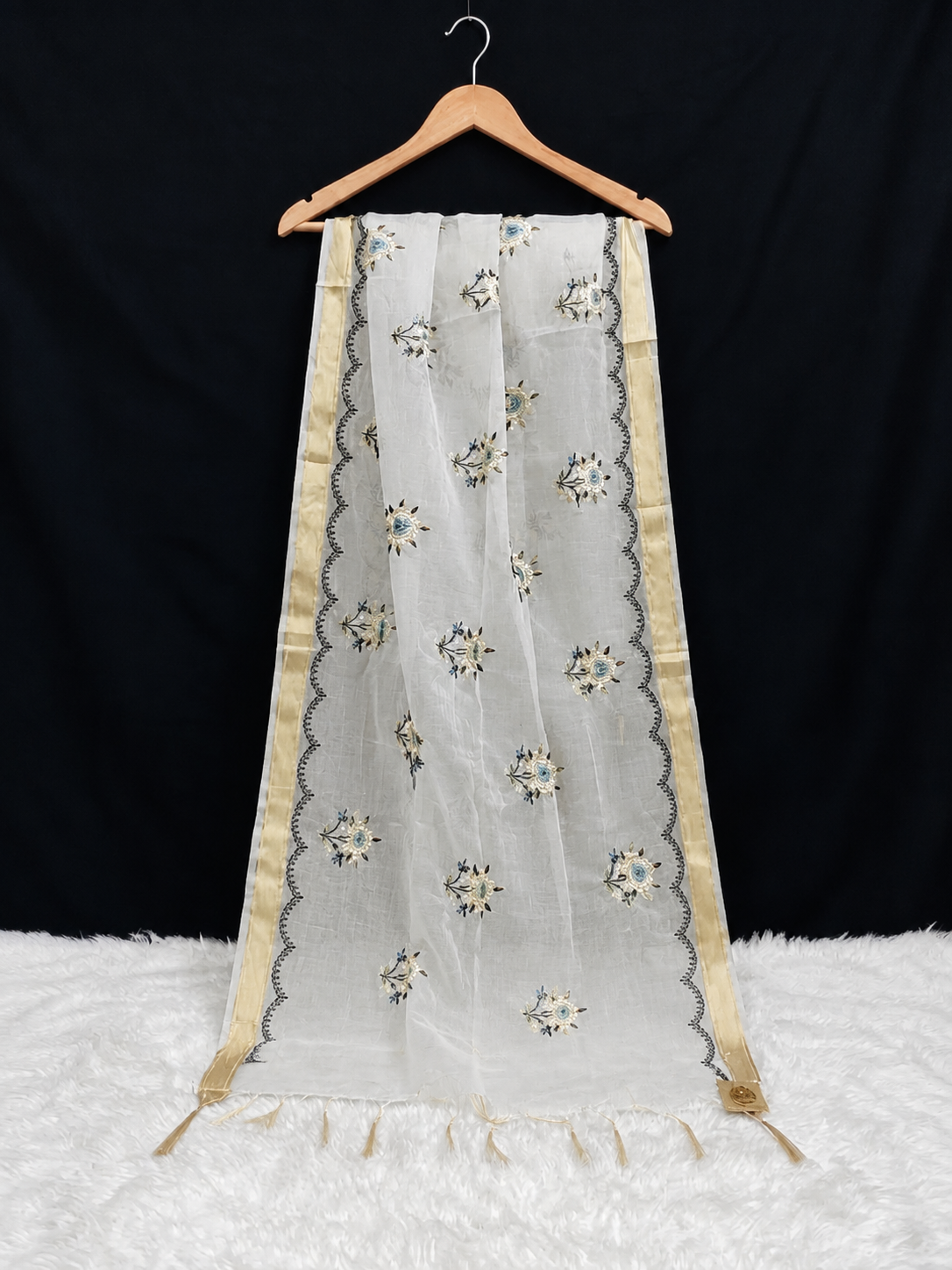 Organza Dupatta with Multi-Color Resham Floral Embroidery & Gold Trim