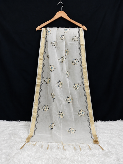 Organza Dupatta with Multi-Color Resham Floral Embroidery & Gold Trim
