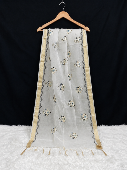 Organza Dupatta with Multi-Color Resham Floral Embroidery & Gold Trim