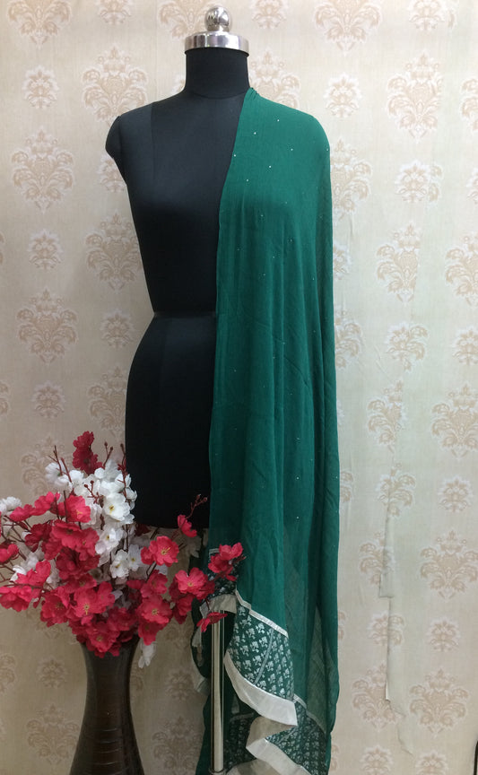 Designer green chiffon dupatta with white detailing